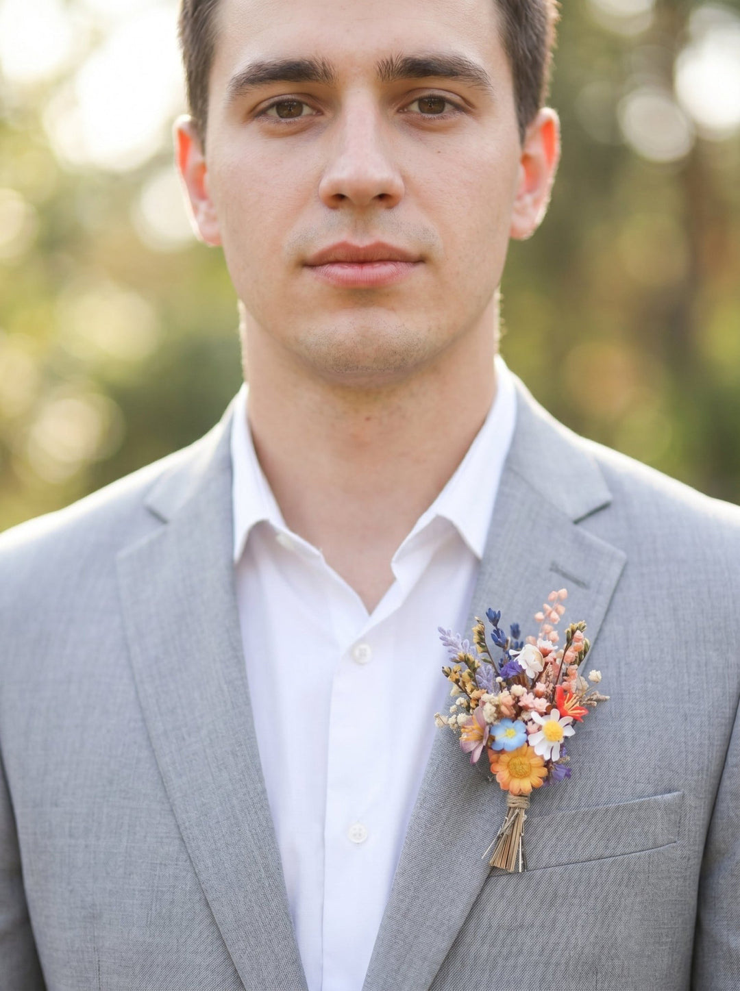 Vibrant Meadow Bridal Bouquet with Carnations, Iris and Wildflowers – handmade floral hair accessory by magaela