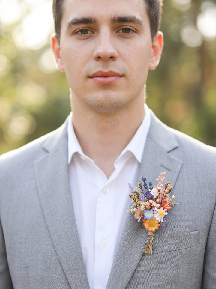 Vibrant Meadow Bridal Bouquet with Carnations, Iris and Wildflowers – handmade floral hair accessory by magaela