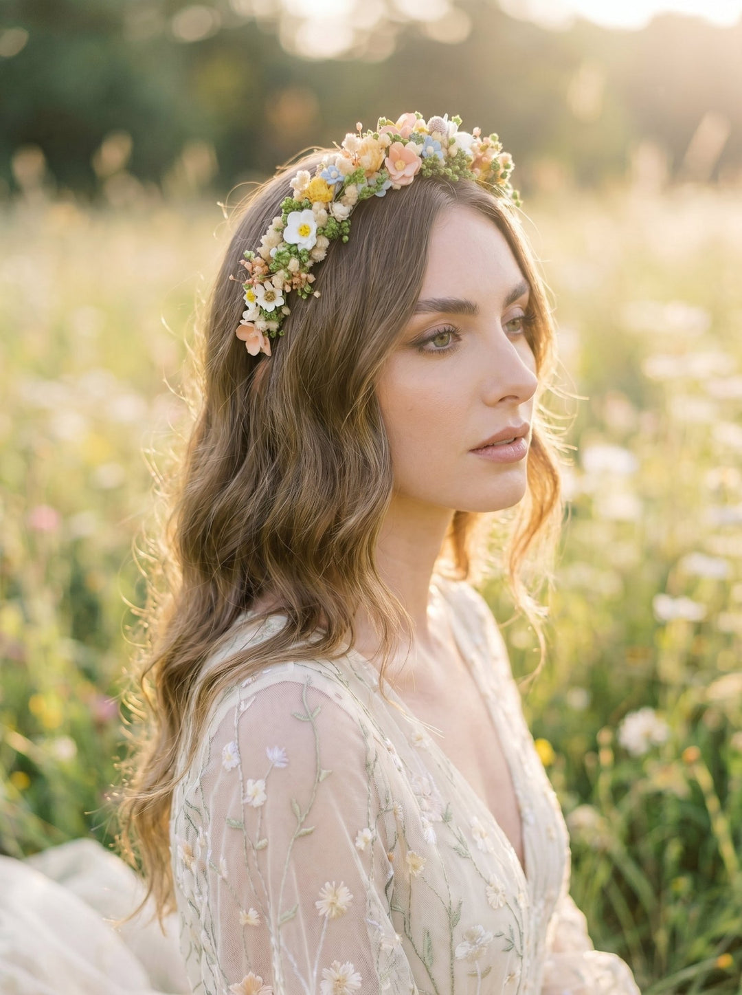 Pastel Flower Headband: Boho Bridal Meadow Crown – handmade floral hair accessory by magaela