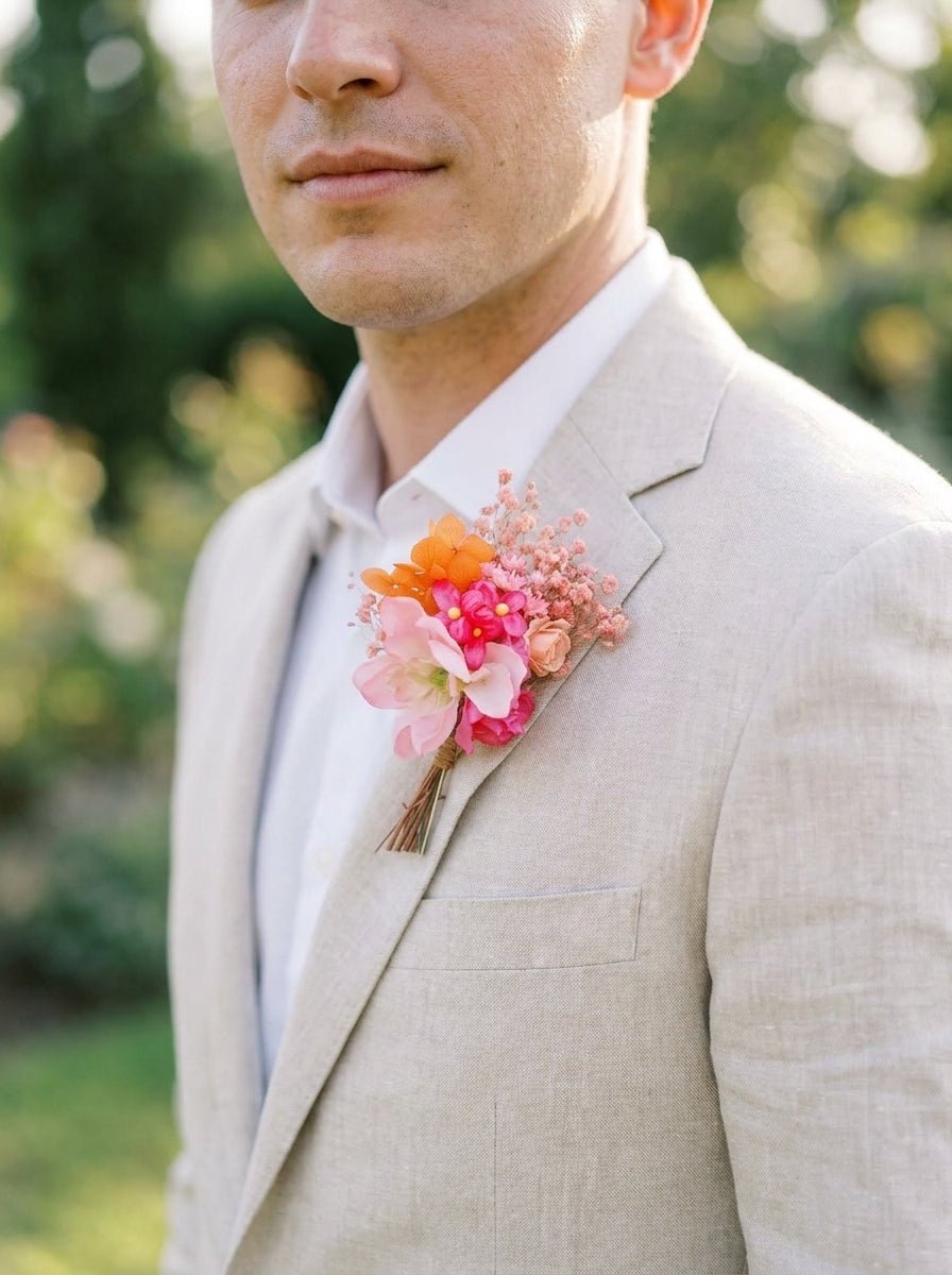 Pink Orange Bridesmaid Bouquet with Ranunculus, Dahlias and Orchids – handmade floral hair accessory by magaela