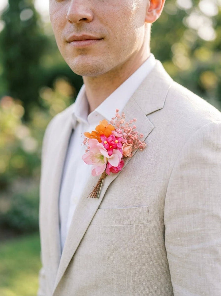 Pink Orange Bridesmaid Bouquet with Ranunculus, Dahlias and Orchids – handmade floral hair accessory by magaela