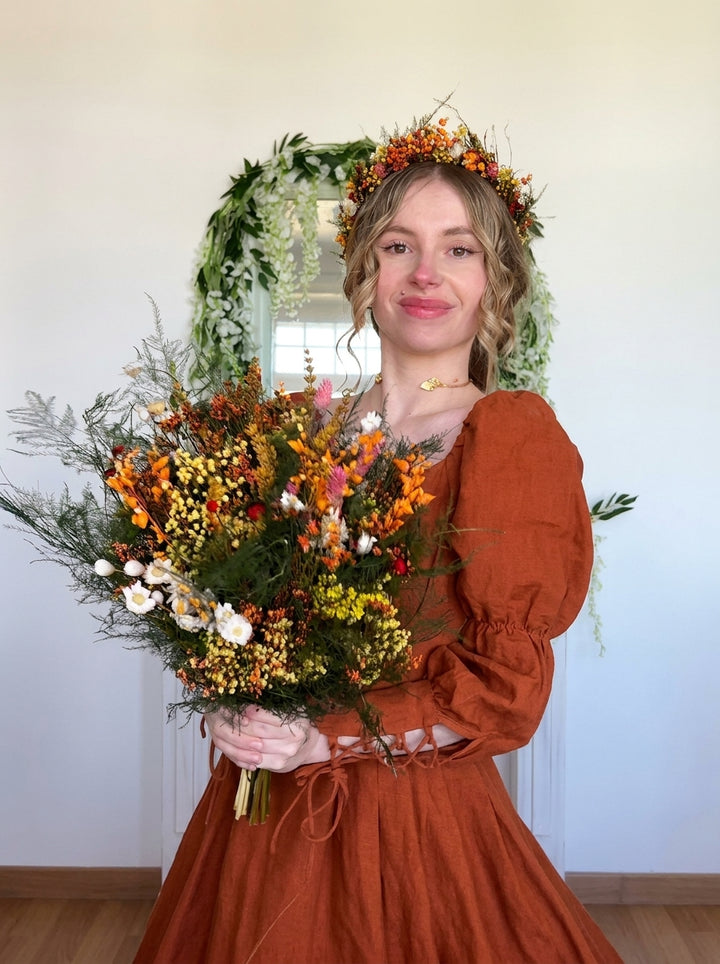 Preserved Flower Bridal Bouquet and Wreath: Handmade Dried Meadow Wedding Bouquet and crown | Jeanne Collection