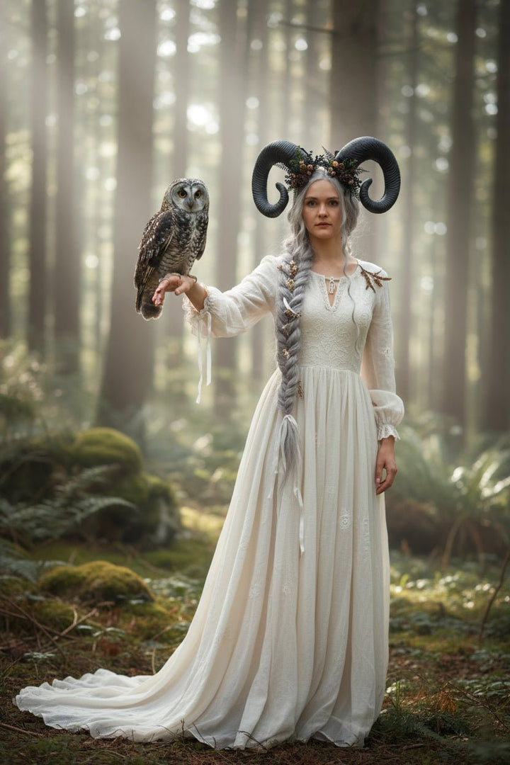 Woodland Horned Crown – Mutton Horn Headband | Fairycore & Pagan Headpiece – handmade floral hair accessory by magaela