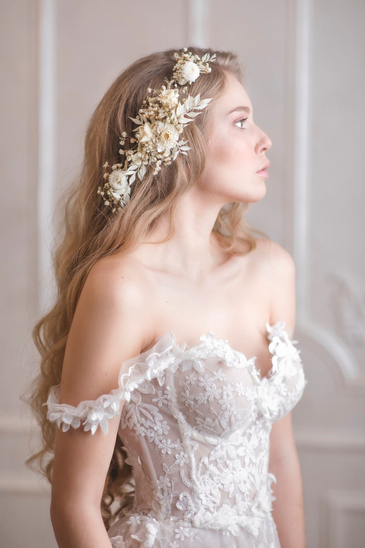 Ivory Preserved Flower Wedding Hair Vine - Bridal Headpiece – handmade floral hair accessory by magaela