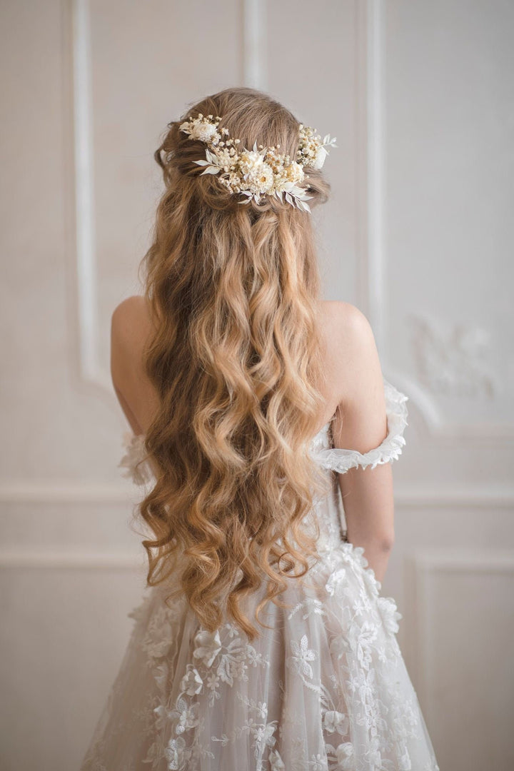 Ivory Preserved Flower Wedding Hair Vine - Bridal Headpiece – handmade floral hair accessory by magaela