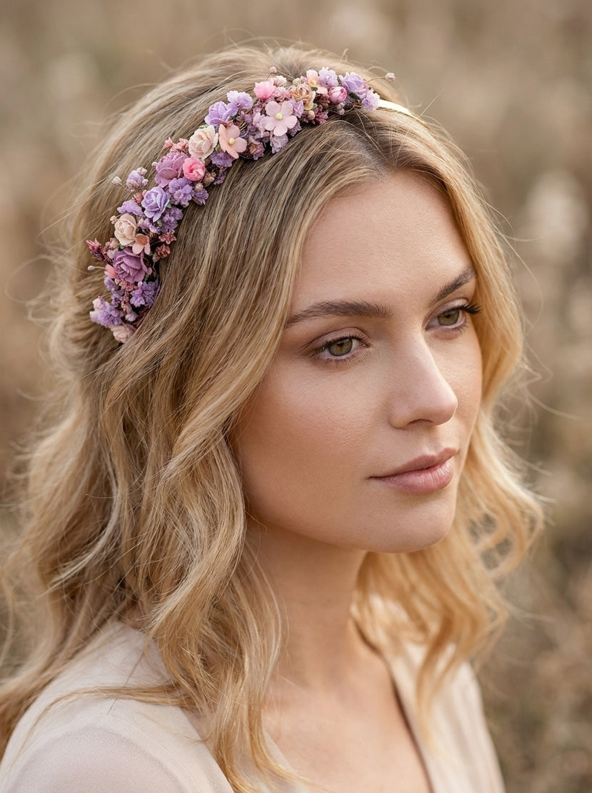 A woman with wavy blonde hair wearing a delicate floral crown headband with purple, pink, and white flowers, set against a soft-focus natural background.