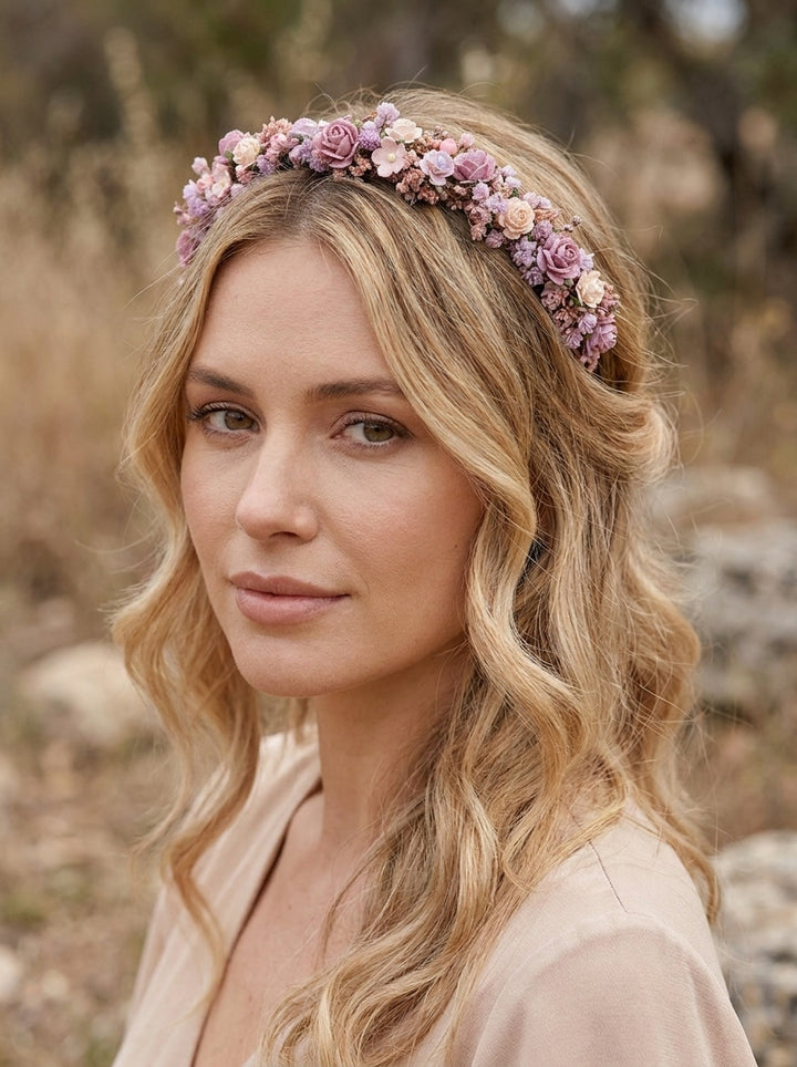 A woman with blonde wavy hair wearing a delicate floral crown of pink, purple, and cream flowers, photographed outdoors against a blurred natural background.