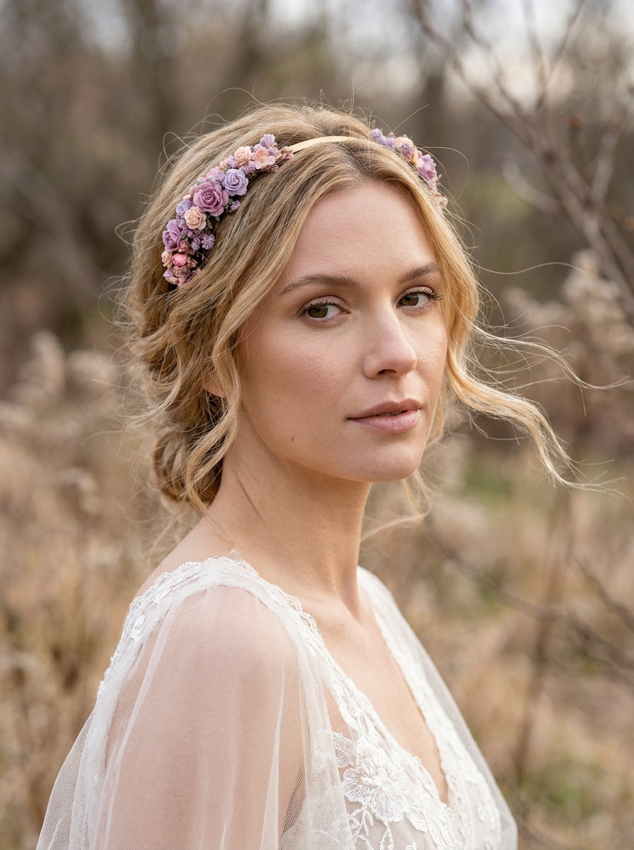 A woman outdoors wearing a floral crown with pink, purple, and yellow blossoms, paired with a white lace bridal dress. The background is a soft-focus natural field.