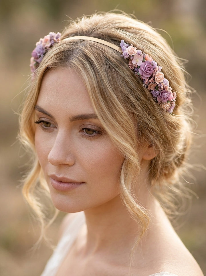 A woman with blonde hair wearing a floral crown headband with purple and pink flowers, shown in a close-up portrait against a soft blurred outdoor background.