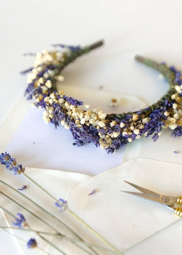 Lavender Bridal Flower Crown: Preserved Baby's Breath Headpiece – handmade floral hair accessory by magaela