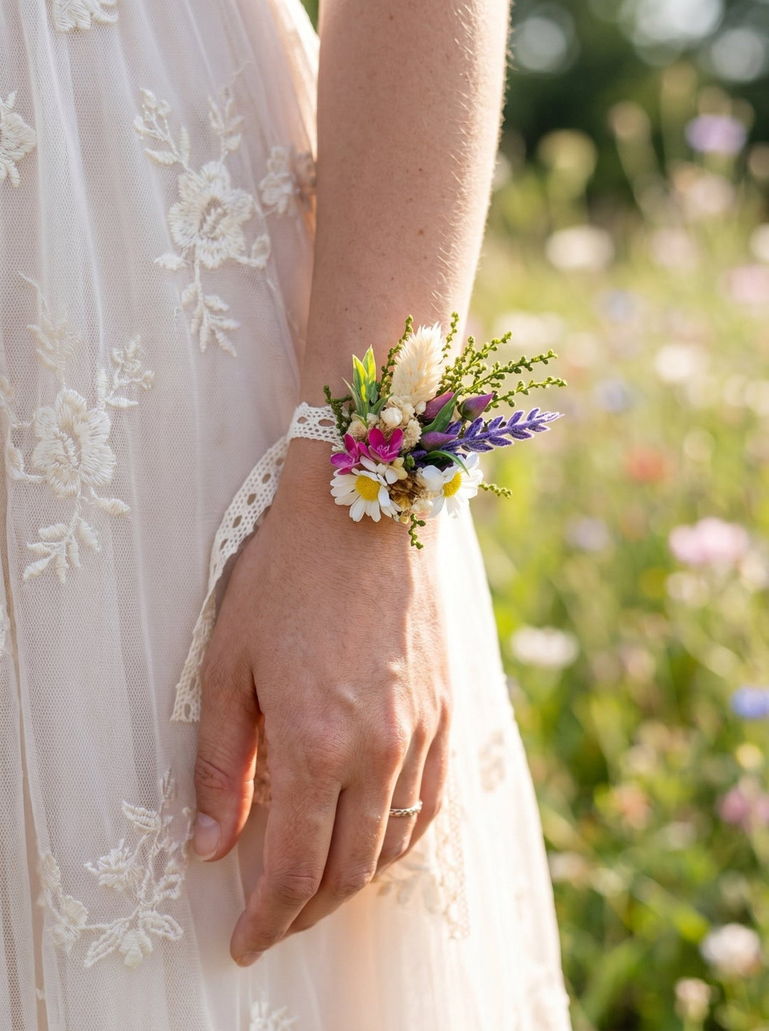 Lavender Daisy Flower Bracelet: Boho Bridal Jewelry – handmade floral hair accessory by magaela