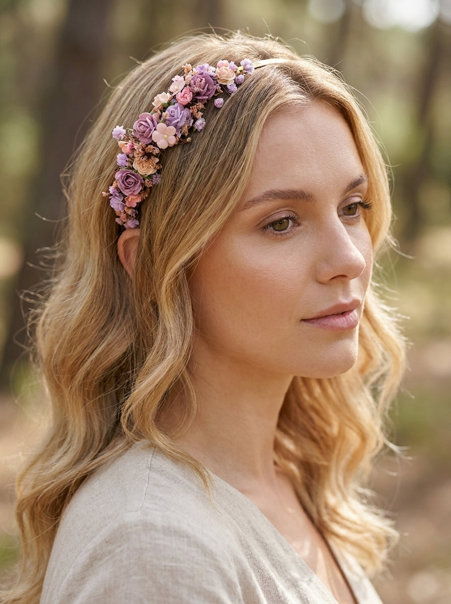 A woman with wavy blonde hair wearing a delicate floral crown of pink, purple, and peach flowers, photographed outdoors against a softly blurred forest background.