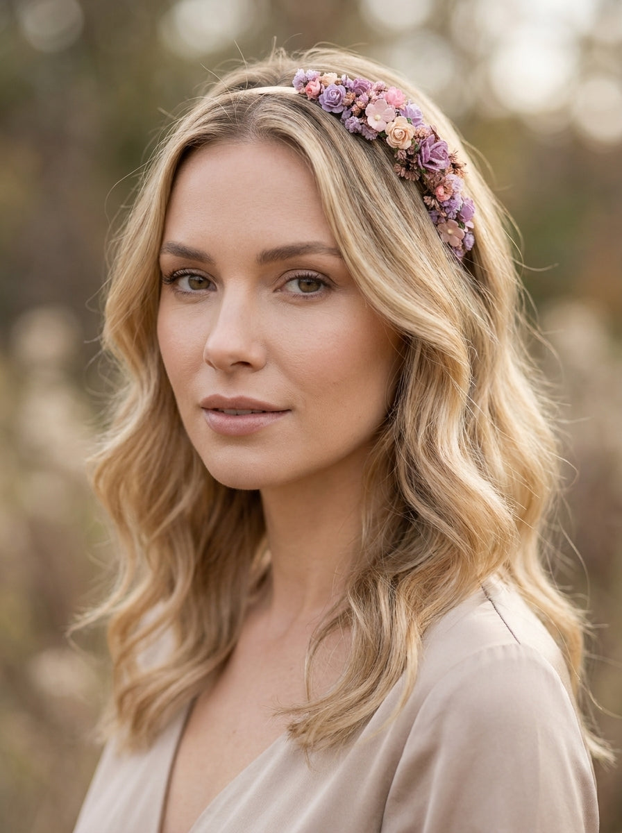 A woman with blonde wavy hair wearing a floral headband with purple, pink, and peach flowers, photographed outdoors against a softly blurred natural background.