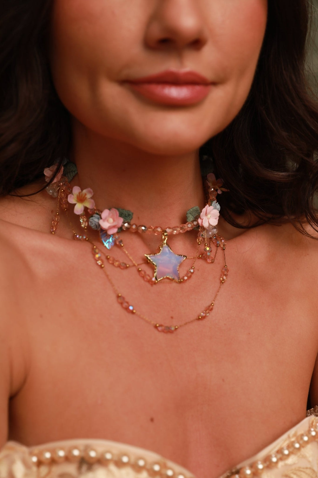 Pink Flower Star Choker: Layered Fairy Bridal Necklace – handmade floral hair accessory by magaela