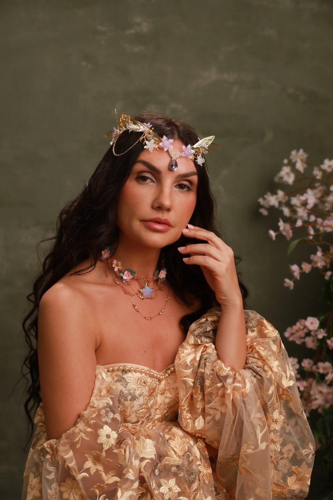 Pink Flower Star Choker: Layered Fairy Bridal Necklace – handmade floral hair accessory by magaela