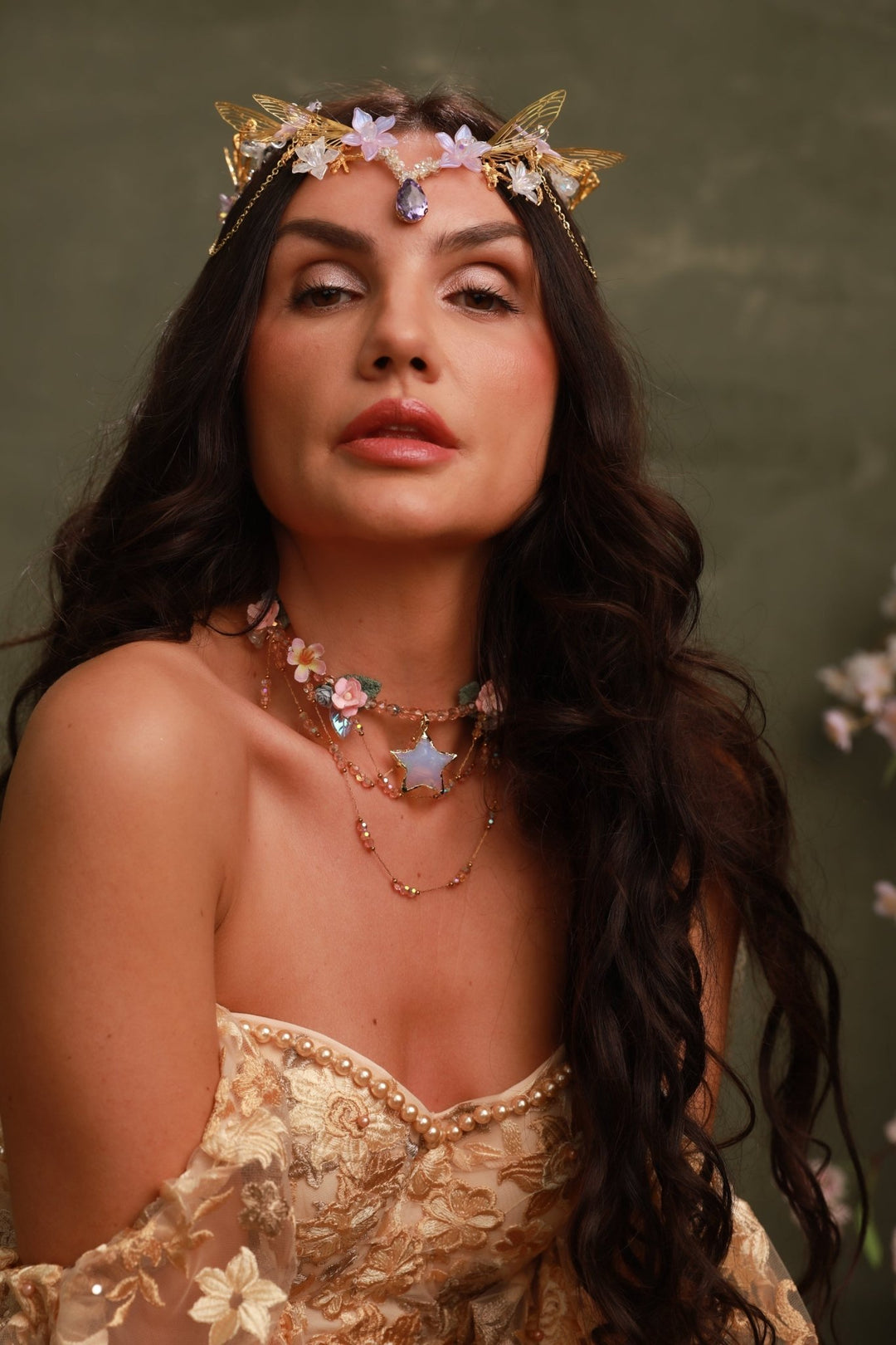 Pink Flower Star Choker: Layered Fairy Bridal Necklace – handmade floral hair accessory by magaela