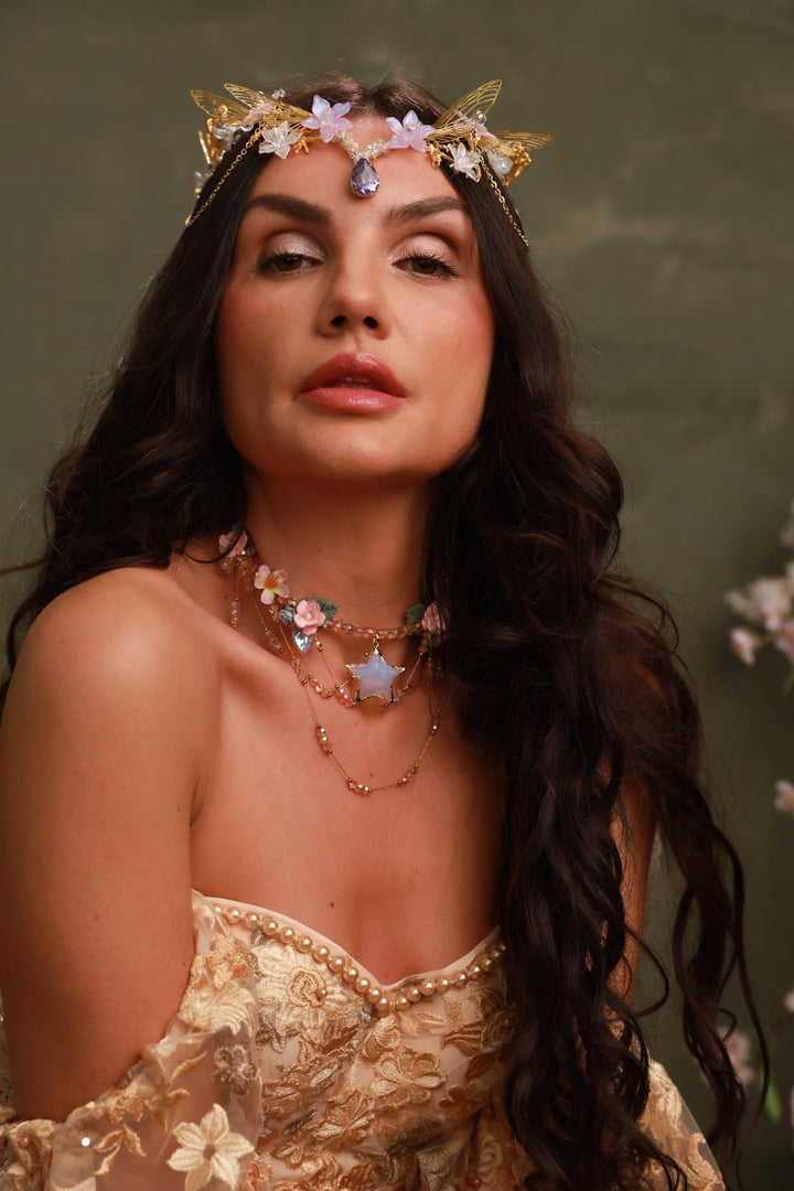 Pink Flower Star Choker: Layered Fairy Bridal Necklace – handmade floral hair accessory by magaela