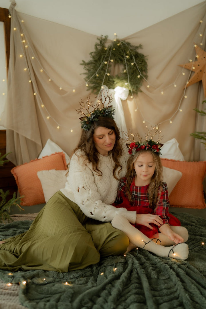 Christmas Reindeer Antler Headband: Christmas rose with lights – handmade floral hair accessory by magaela