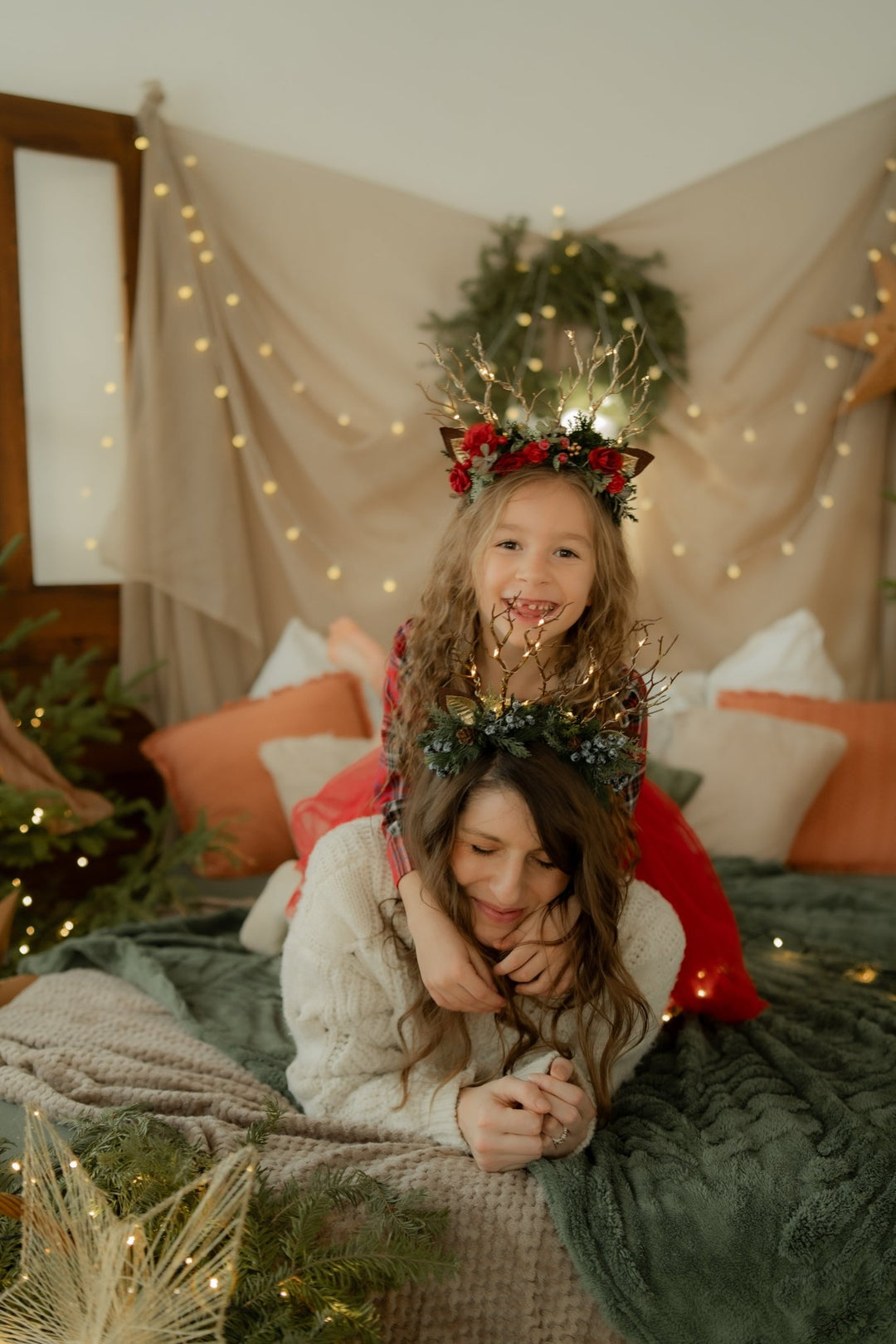 Christmas Reindeer Antler Headband: Christmas rose with lights – handmade floral hair accessory by magaela