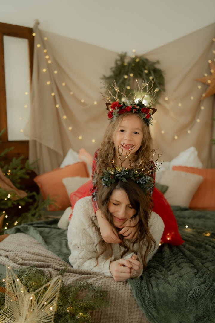 Christmas Reindeer Antler Headband: Christmas rose with lights – handmade floral hair accessory by magaela