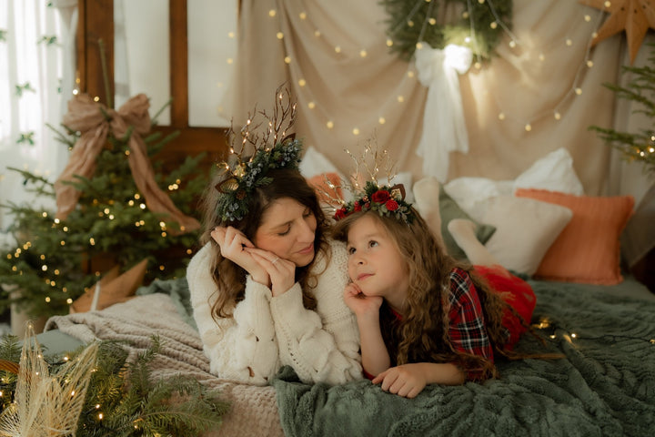 Christmas Reindeer Antler Headband: Christmas rose with lights – handmade floral hair accessory by magaela