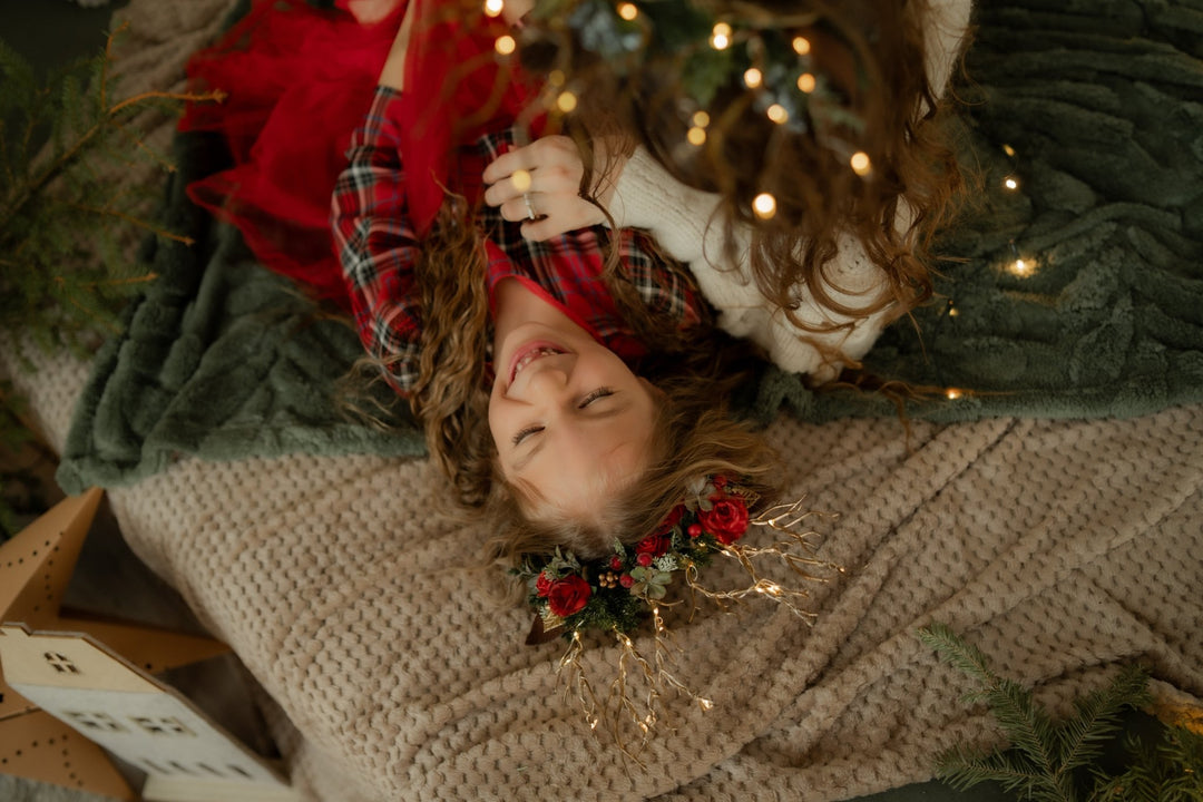 Christmas Reindeer Antler Headband: Christmas rose with lights – handmade floral hair accessory by magaela