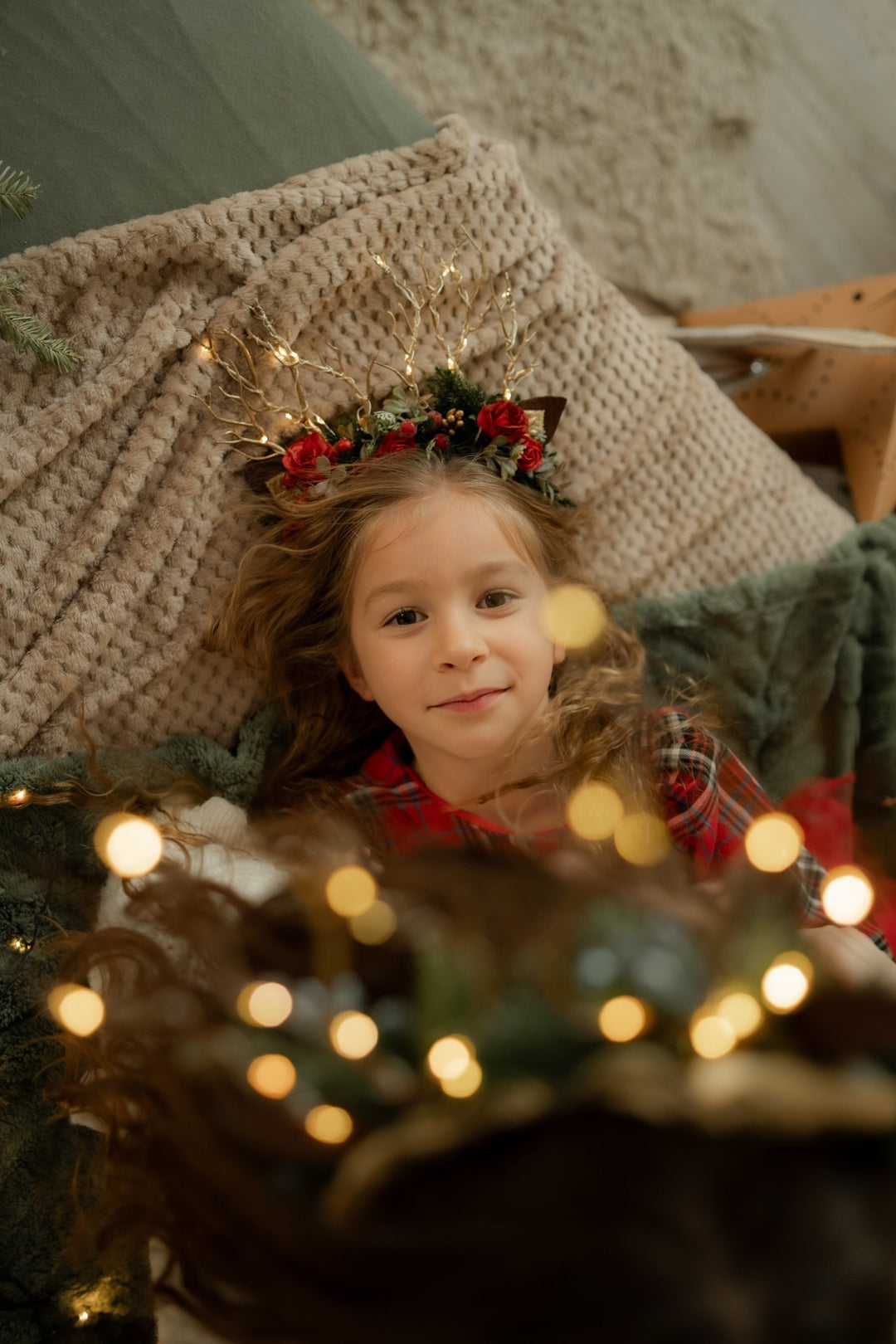 Christmas Reindeer Antler Headband: Christmas rose with lights – handmade floral hair accessory by magaela
