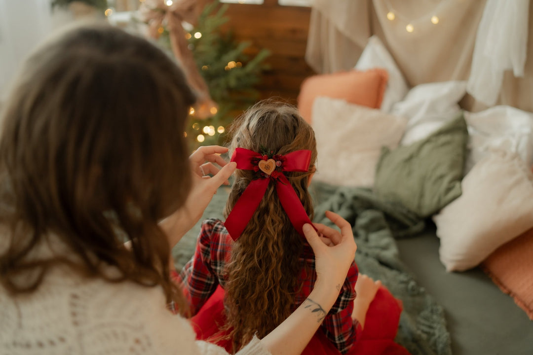 Christmas red hair bow with gingebread heart: matching set for mom and daughter – handmade floral hair accessory by magaela