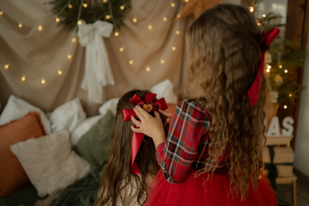 Christmas red hair bow with gingebread heart: matching set for mom and daughter – handmade floral hair accessory by magaela