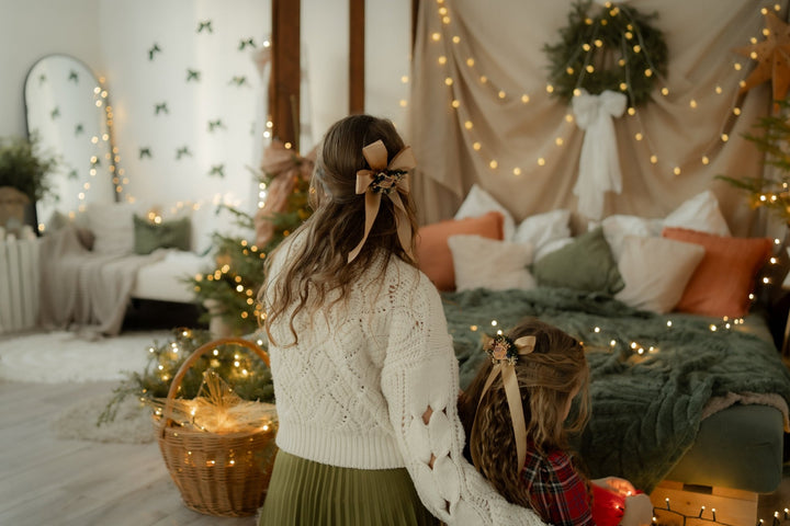 Christmas gold hair bow with gingebread house: matching set for mom and daughter – handmade floral hair accessory by magaela