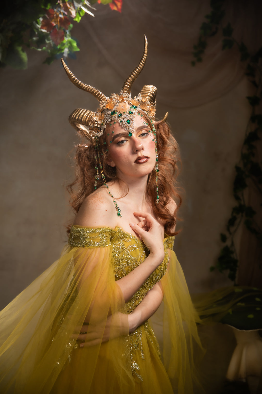 Glam woodland gold-green horns crown: magical accesory for fantasy ball