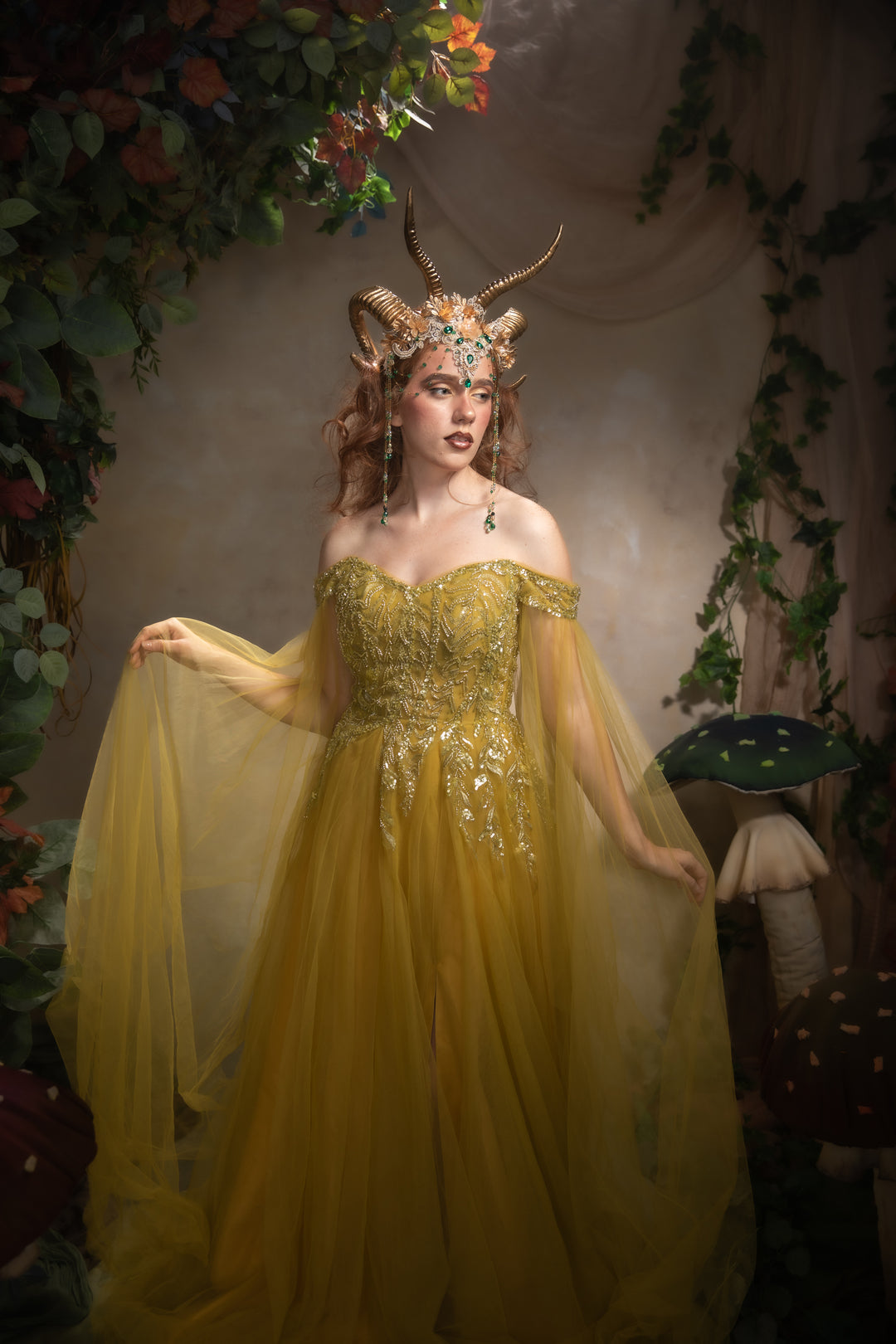 Glam woodland gold-green horns crown: magical accesory for fantasy ball