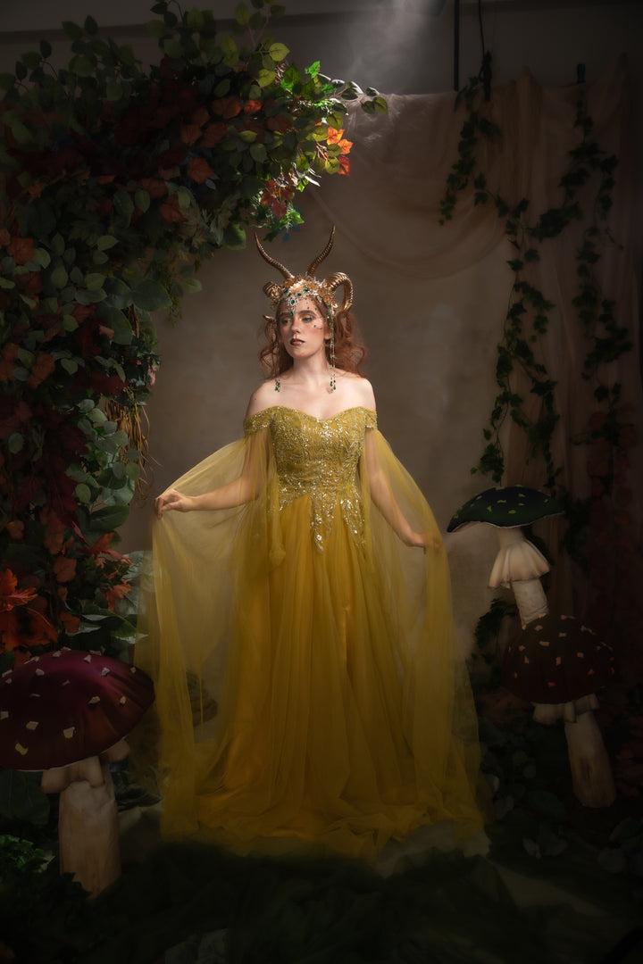 Glam woodland gold-green horns crown: magical accesory for fantasy ball