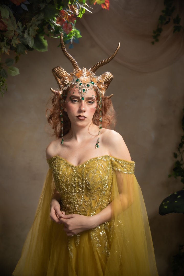 Glam woodland gold-green horns crown: magical accesory for fantasy ball