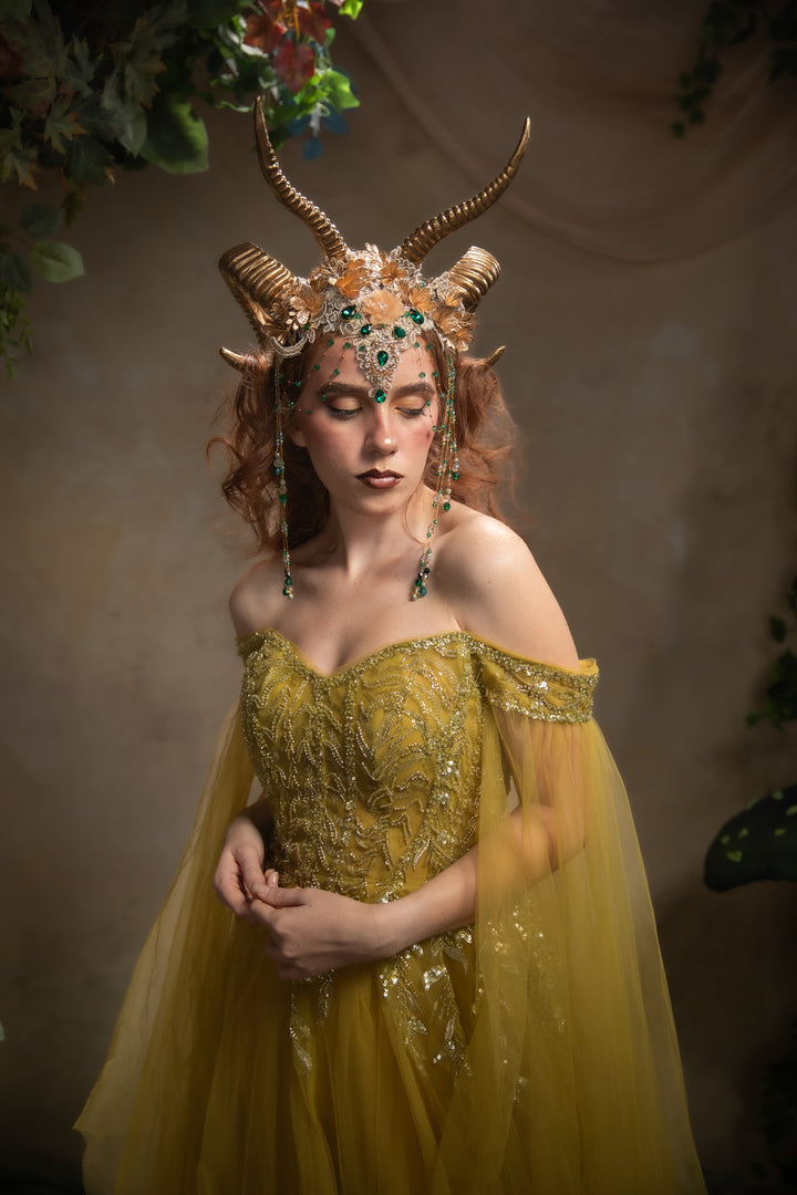Glam woodland gold-green horns crown: magical accesory for fantasy ball