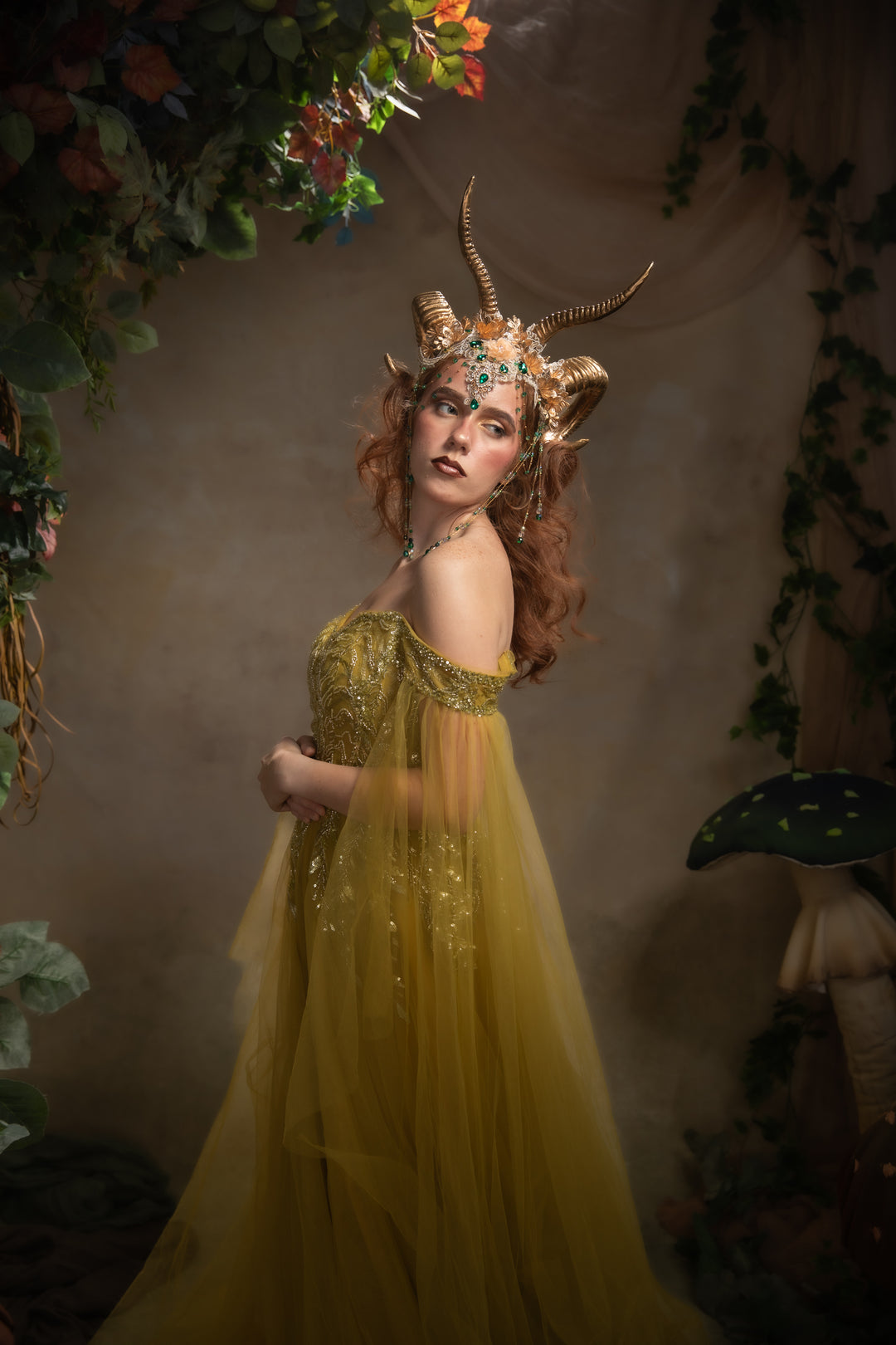 Glam woodland gold-green horns crown: magical accesory for fantasy ball