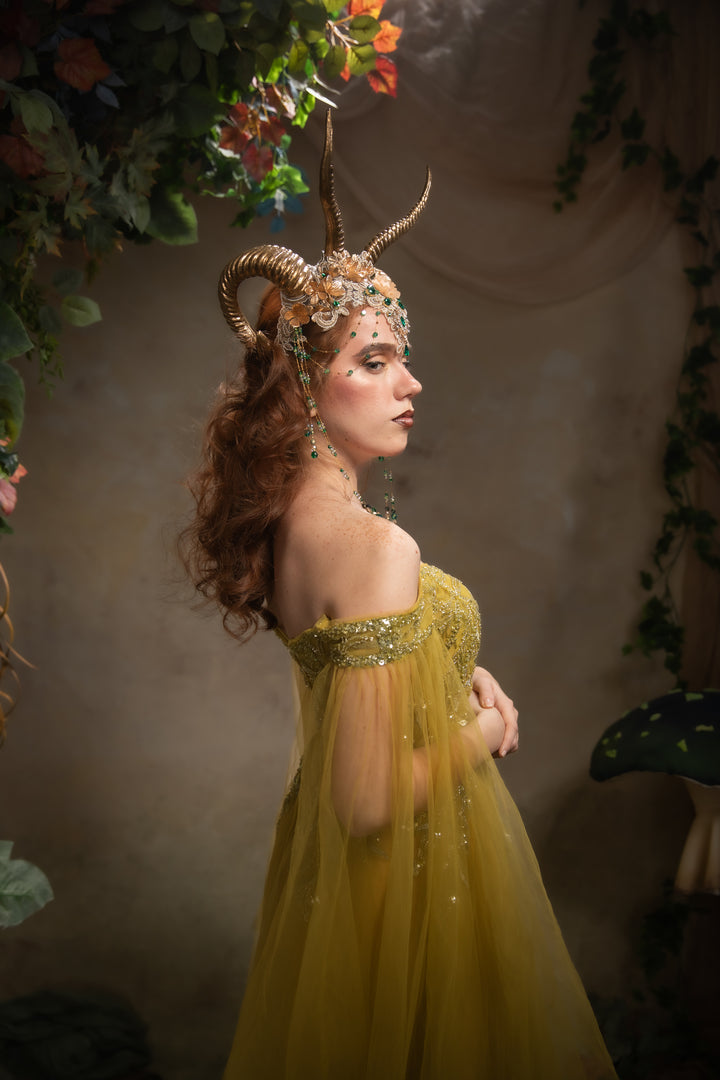 Glam woodland gold-green horns crown: magical accesory for fantasy ball