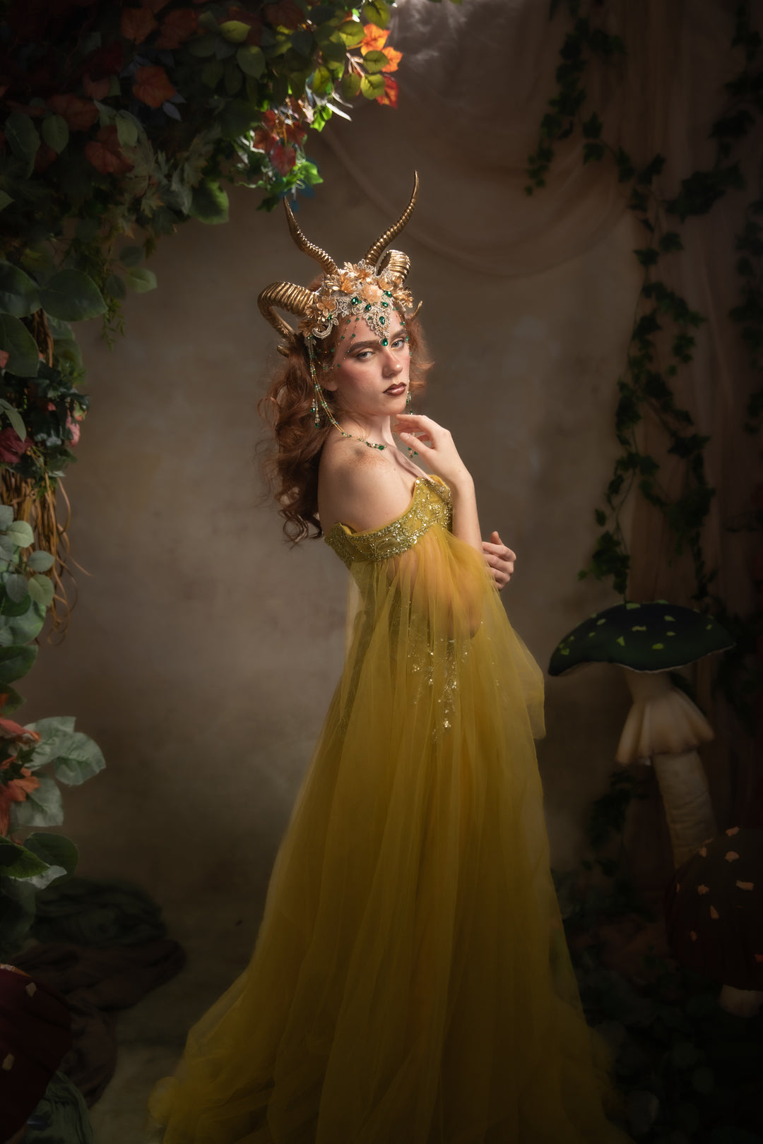Glam woodland gold-green horns crown: magical accesory for fantasy ball