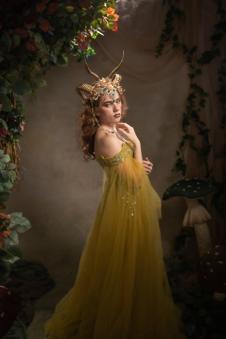 Glam woodland gold-green horns crown: magical accesory for fantasy ball