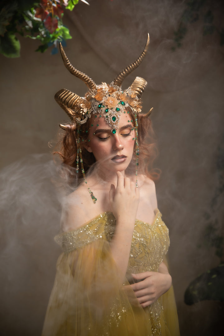 Glam woodland gold-green horns crown: magical accesory for fantasy ball