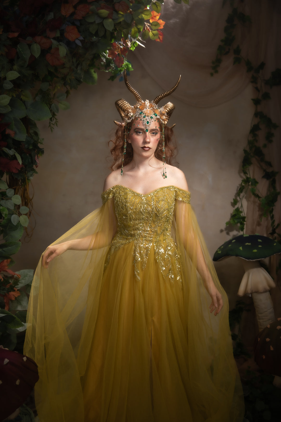 Glam woodland gold-green horns crown: magical accesory for fantasy ball