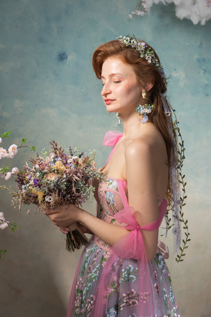 Flower Crown with Lace Veil and Floral Vines - Daisy Bridal Wreath