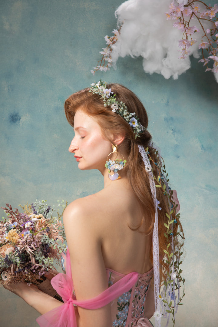 Flower Crown with Lace Veil and Floral Vines - Daisy Bridal Wreath