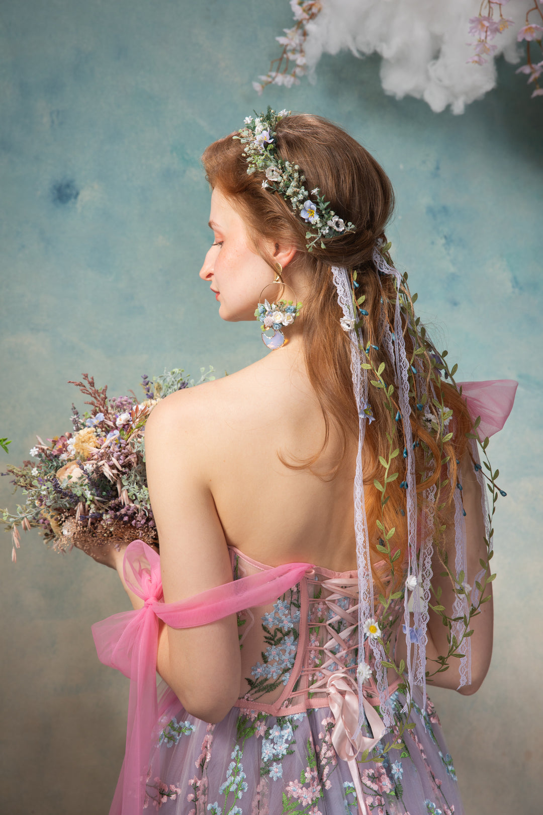 Flower Crown with Lace Veil and Floral Vines - Daisy Bridal Wreath