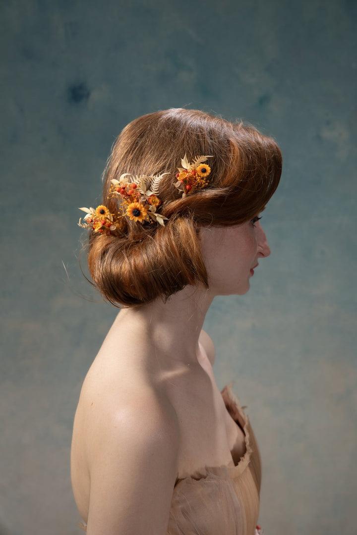 Sunflower Hair Pins: Boho Wedding Hair Clips, Cottagecore Style – handmade floral hair accessory by magaela