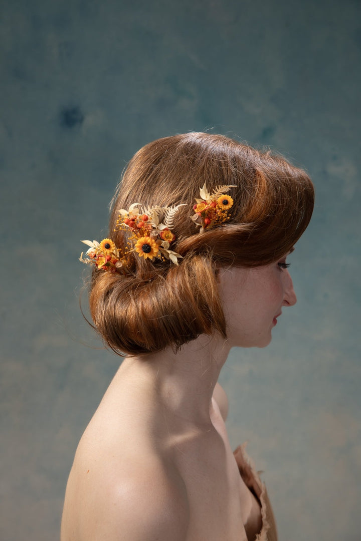 Sunflower Hair Pins: Boho Wedding Hair Clips, Cottagecore Style – handmade floral hair accessory by magaela