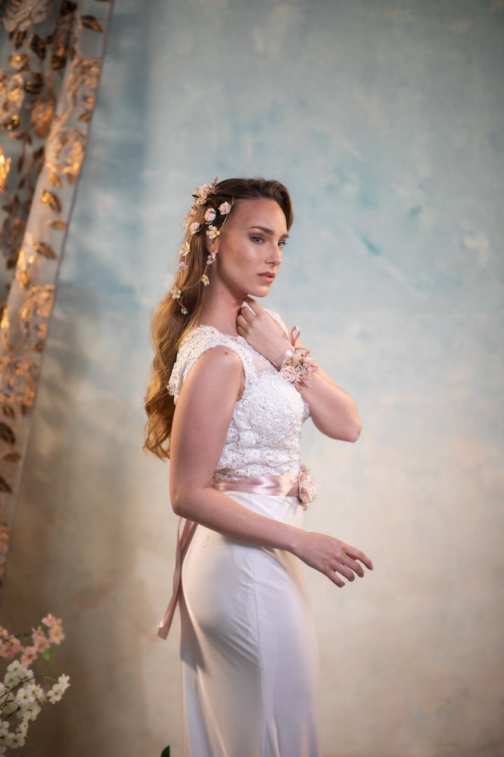 Pale Pink Flower Wedding Belt: Blush Ivory Bridal Sash – handmade floral hair accessory by magaela