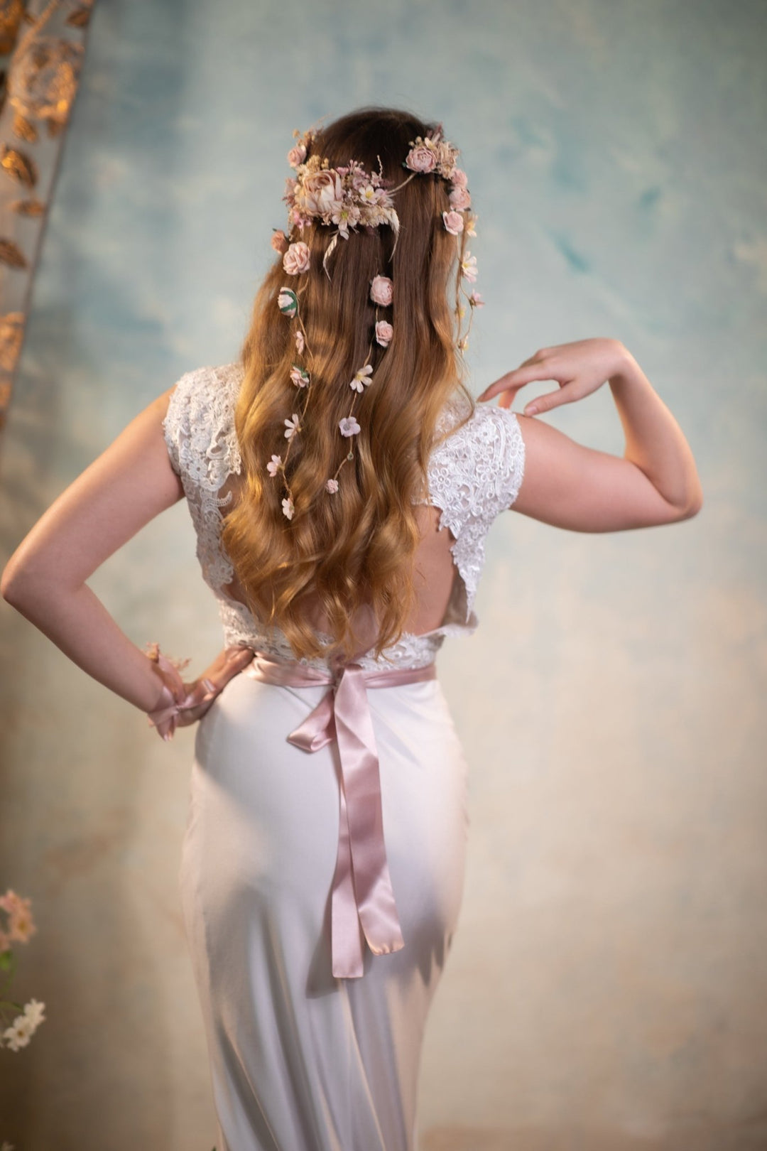 Pale Pink Flower Wedding Belt: Blush Ivory Bridal Sash – handmade floral hair accessory by magaela