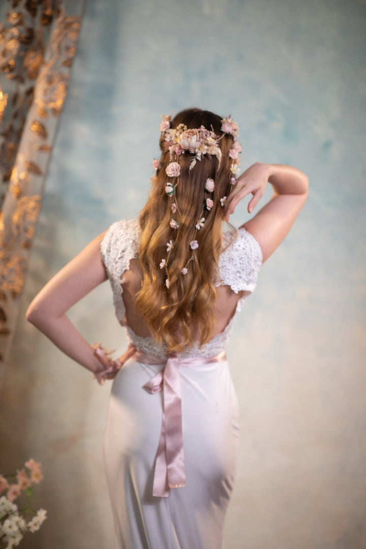Boho Bridal Hair Vine: Pale Pink Flower Veil, Cottagecore Wedding – handmade floral hair accessory by magaela