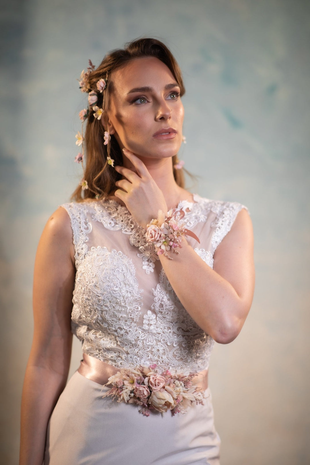 Pale Pink Flower Wedding Belt: Blush Ivory Bridal Sash – handmade floral hair accessory by magaela